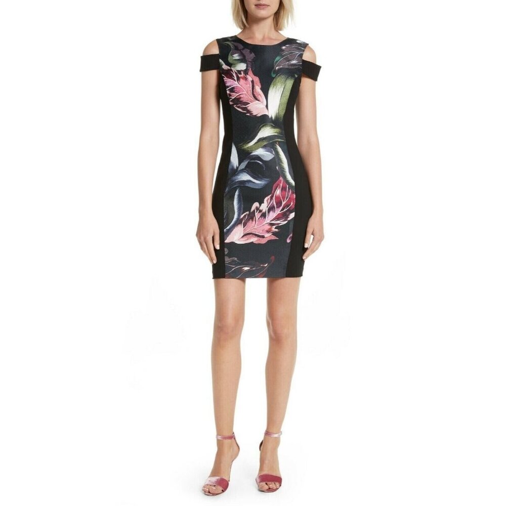 Ted Baker London Black Strapless Cutout Sheath Dress with Pink & Green Floral